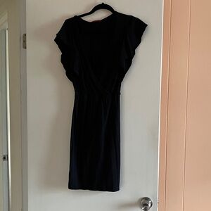 Velvet Black Midi Wrap Dress with Flutter Sleeves